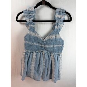 Blue B Collection Smocked Peplum Top Blue White Embroidered Eyelet Boho Medium